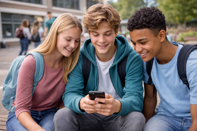 Leerlingen bekijken de communicatie via App