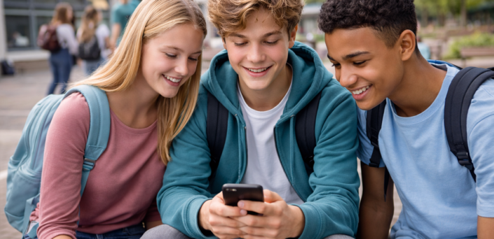 Leerlingen bekijken de communicatie via App