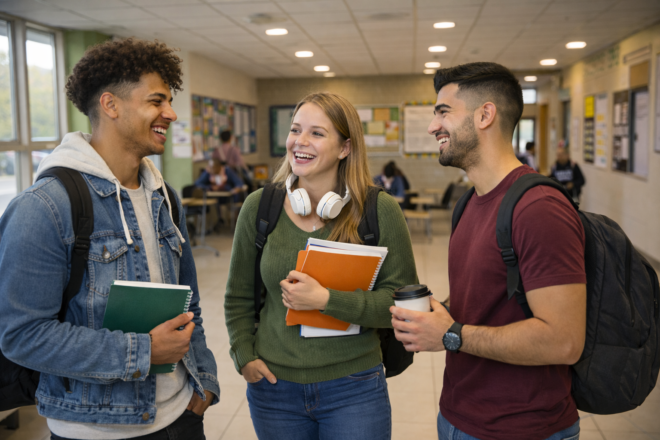 Studenten praten met elkaar