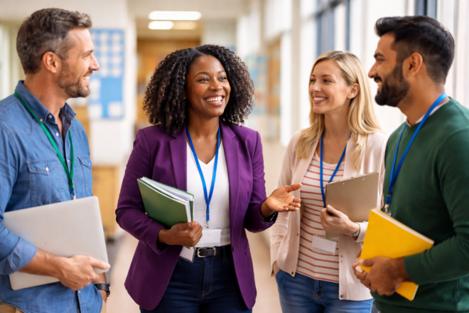 Netwerkende leraren die met elkaar staan te praten in de schoolgang.