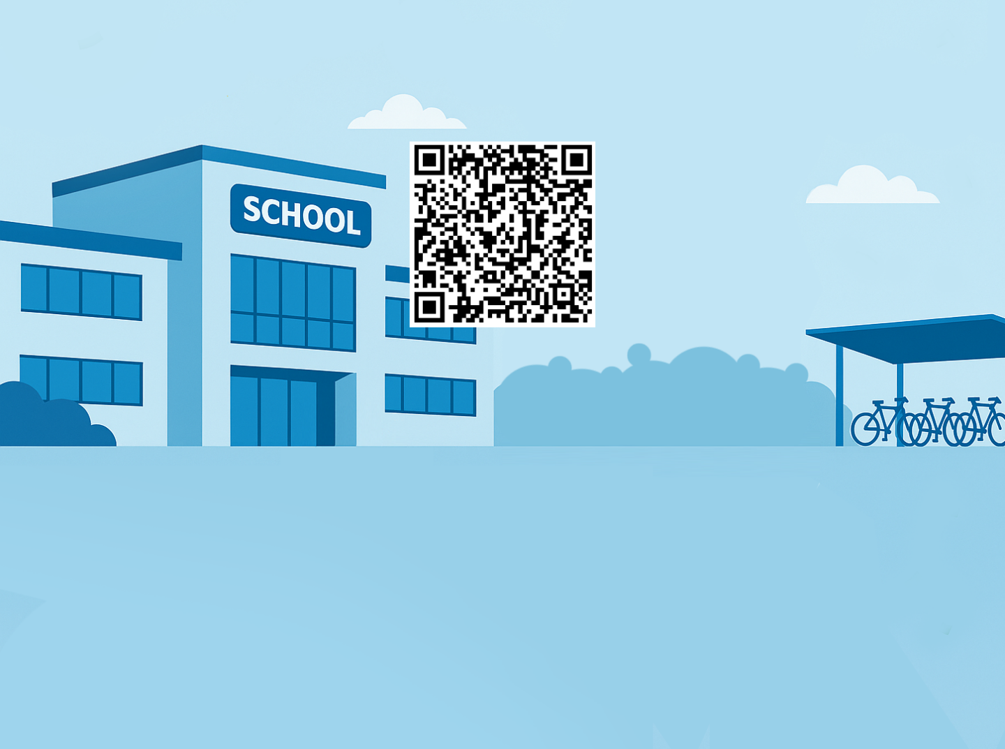 Grafische weergave van een school met een QR code die naar de WIS school webshop leidt als voorbeeld voor een webshop voor scholen